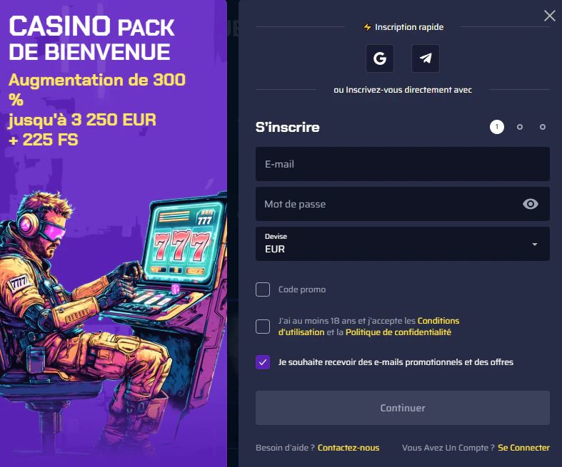 Formulaire d'inscription au casino Betory
