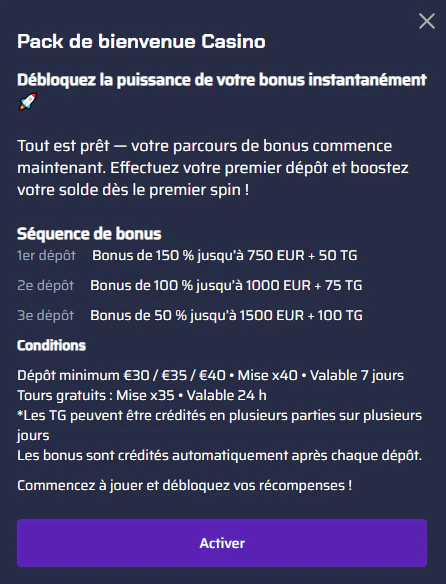 Pack de bienvenue casino Betory avec bonus jusqu'à 3250 euros